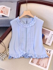 French Style Wooden Ear Patchwork Sleeveless Shirt Womens Summer Careful Machine Cut Out Chic Shirt Loose All-Matching Sleeveless Tops