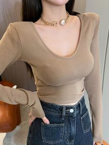 Áo Thun Nữ Bó Sát Hai Mặt Gợi Cảm Áo Ngắn Lót Bên Trong Mùa Thu Phong Cách Mới Tay Dài Cổ Chữ V Màu Trơn Thường Ngày