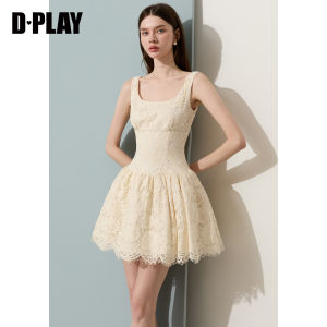 D-PLAY | Đầm Pháp Màu Vàng Cổ Tim Dập Ly Hoa Lưới Cứng