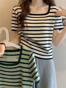 Elegant Striped Square Neck Short Sleeve T-shirt