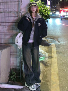 เสื้อแจ็คเก็ตผ้าฝ้ายทรงหลวมสำหรับผู้หญิง ฤดูใบไม้ร่วง/ฤดูหนาว ขนแกะผสมผ้าฝ้าย แจ็คเก็ตแบบมีซิป แขนยาว สีพื้น