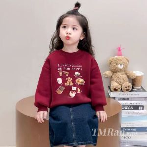 Thickened Fleece Childrens Hoodie round Neck Padded Autumn Winter New Style Cartoon Print Loose Fit Kids New Year Outfit