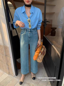 High-Waisted Straight Leg Denim Jeans Womens Loose Elastic Retro Blue Casual Wide Leg Pants Autumn Season Cleanlook