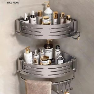 1-2 Chiếc Kệ Góc Phòng Tắm Có Móc Nhựa Và Thanh Treo Khăn Không Cần Khoan Nhôm Tắm Có Giá Để Đồ Tiết Kiệm Không Gian Nhà Tổ Chức