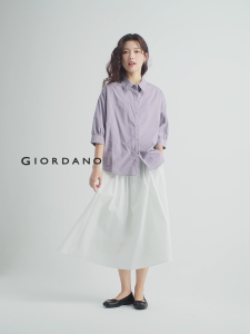 GIORDANO ผู้หญิง เสื้อเชิ้ต 100% Cotton แขนยาวศอก เสื้อเชิ้ตตะเข็บโชว์ กระดุมปิด เสื้อเชิ้ตแฟชั่นเรียบง่าย ลำลอง 05345463