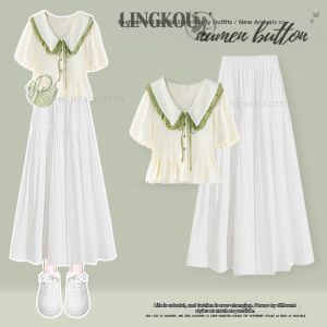 NUMEN BUTTON | Cultural Style Minimalist Doll Collar Outfit Slim A-Line Skirt
