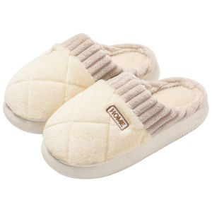 Warm Fleece Slippers Indoor Home Couple Matching Thick Bottom Cotton Slippers Men Women Style Simple Grid Pattern PVC Bottom