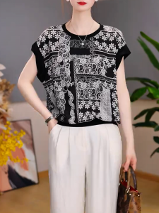 QINGNAER | Design Printed Round Neck Loose Slimming Summer Womens Tops