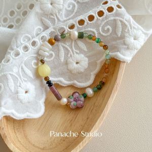 PANACHE Colorful Retro Purple Glass Flower Beaded Bracelet Womens Handmade Stackable High-End Feeling Fashion Jewelry