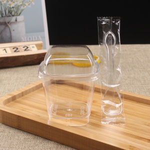 Transparent Square Disposable Wooden Ash Cup Mousse Cup Plastic Yogurt Pudding Cup Jelly Double Skin Milk Cup Catering Supplies