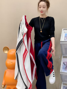 American Retro Drawstring Elastic Waist Side Stripe Knife Edge Pants Women Casual Versatile Slimming Comfortable Straight Leg