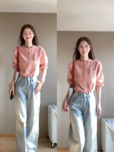Japanese Style Pink round-Collar Shirt Womens Autumn and Winter New Arrival Niche Style Work Clothing Sweet Versatile Long Sleeve Shirt Anti-Aging Top