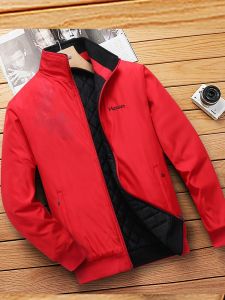 Red Dragon Year Double-Sided Short Cotton Jacket Mens Spring Autumn Winter Windproof Warm Stand Collar Zipper Closure Polyester Fiber