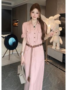 Elegant Pink Shirt Dress Waist-Cinching High Waist A-Line Skirt Autumn Beauty Age-Defying Strong Presence Luxury Sensation