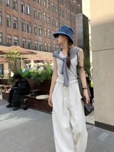 ยาวพิเศษ หลวม Fit ผ้าลินิน ขากว้าง กางเกง ผู้หญิง ลำลอง ความยาวพื้น กางเกงขายาว 175 รุ่นสูง สไตล์เดรปสบาย