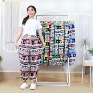 pc9859# กางเกงขายาว ลายช้าง เอวยางยืด ทรงขากระบอก ปลายขาจั๊ม มีเชือก ผ้าไหมอิตาลี