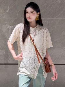 BINKAFENNY | Unique Lace Splicing Short Sleeve T-Shirt Women Summer Large Size Hollow Out White Asymmetrical Korean Style Round Neck Top
