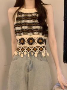 Womens Hollow out Stripe Tassel Strap Vest Summer Sleeveless Outerwear Jazz Style Short Length Sweet Style Loose Fit Top