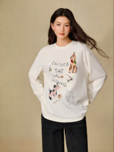 INMAN | Cute Pet Print Flannel Loose Long Sleeve Winter White Top