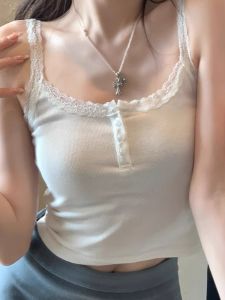 Áo Ba Lỗ Ren Trắng Không Tay Thời Trang Xuân Hè Cho Nữ Áo Lót Bó Sát Pure Desire Hot Bé Gái Áo Chui Đầu Cổ Chữ V Dài Tay Mùa Thu