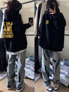 Retro American Streetwear Hoodie Boys Pure Cotton Fleece Lined Casual Jacket Letter Print Loose Fit Long Sleeve Autumn Winter Coat