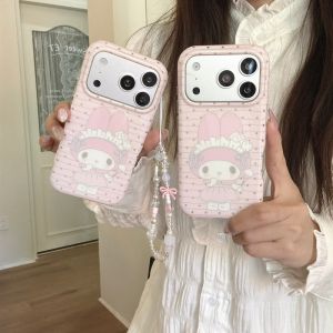 Sanrio | Cute My Melody Phone Case With Pearl Bow Wrist Lanyard Shockproof Large Window Lens Protective Cover For iPhone 16 15 17 Pro Max