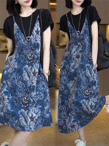 Shalldoer | Retro Preppy Loose Fit Summer Dress Womens Fashion Patchwork Strap High Waist Midi Skirt Casual Style Short Sleeve A-Line Dress