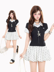 Y2K School Style Slim Fit Polka Dot Blouse Short