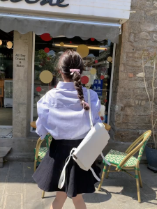 Korean College Style Loose Lapel Bow Embroidered Striped Long Sleeved Shirt For Women