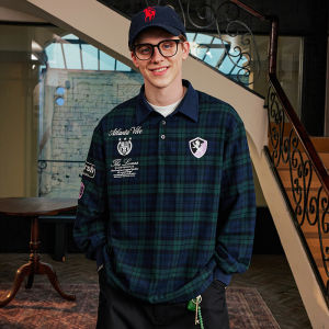 Harsh And Cruel Korean Retro College Feel Plaid Embroidery Badge POLO Shirt Long Sleeve Turn-down Collar Flannel Polyester Casual Shirt for Men