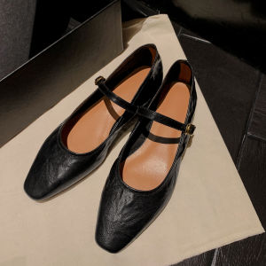 Soft Genuine Leather Slip-On Womens Shoes Low Heel Square Head French Vintage Single Strap Brown Shoes Fashionable Casual Footwear