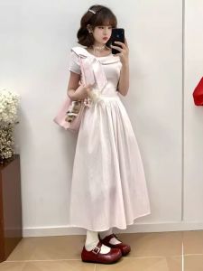 CHANGTONG | French Gentle Style Beautiful Stripe Butterfly Knot Dress Summer 2025 High Waist Slim Fit Long Skirt Soft Fabric Round Neckline