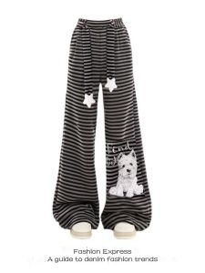 Cute Cartoon Cat Print Wide Leg Loose Fit Pants Womens High Waist Long Trousers Spring Autumn New Style Striped Casual Sweatpants