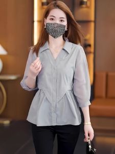 WANGGONGZHU | Princess Style Womens Short Sleeve Shirt Waist Cinching Belly Covering Design Summer Fashionable Anti-Uv Korean Loose Fit Top