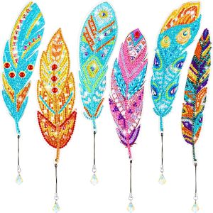 6 pieces DIY Diamond Art Durable PET Single sided Stick Crystal Rhinestone Book Note 5D Diamond Painting Feather Bookmark Kit