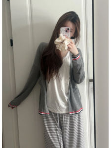 YUEZHONGWEI | Gray Short Ice Silk Knitted Sun Protection Open Cardigan Women Summer Thin Strap Outer Shoulder Top Soft Long Sleeve Round Neck