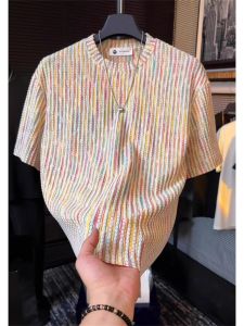 เสื้อยืดแขนสั้นลายทางลายพู่กัน Dopaamine สำหรับผู้ชาย ทรงหลวม โพลีเอสเตอร์ ระบายอากาศได้ดี ใส่สบาย สำหรับฤดูร้อน