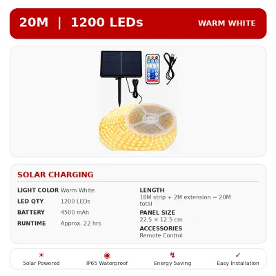 Youwii Solar LED Strip Light IP65 Waterproof Remote Control Auto On/Off Outdoor Use Super Bright Warm White Glow Premium Quality