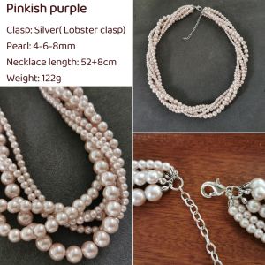 DaVee | Multi-strand with faux pearls necklace 925 silver clasp Pinkish purple bright white pearl necklace