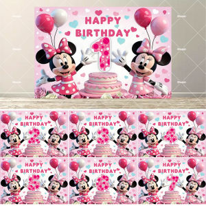 Beast Kingdom | Cute Pink Bow Minnie Mickey Mouse Backdrop Girl Birthday Decorations Baby Shower Custom Number Age Banner Photography Background