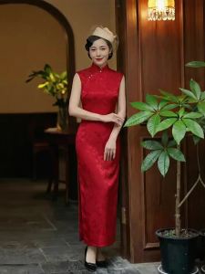 Elegant Vintage Chinese Qipao Style Red Sleeveless Dress