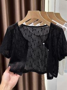 Áo Khoác Cardigan Phong Cách Trung Hoa Mới Dành Cho Nữ Mùa Hè 2024 Áo Che Nắng Tay Ngắn Lưới Lấp Lánh Có Nút Áo Sơ Mi Dài Tay