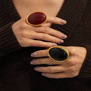 KunJoe New Red/Black Resin Acrylic Oval Adjustable Rings for Women Vintage Gold Color Geometric Knuckle Ring Jewelry Accessories