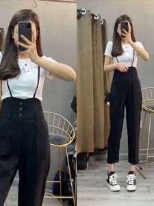 High Waist Nine-Tenths Casual Pants Womens Fashionable Versatile Slimming Summer Wear Cotton Fabric Wide Leg Overalls