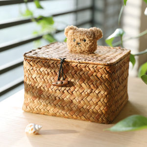 Cute Bear Rattan Small Box Seaweed Storage Box Retro with Lid Hand Gift Box Jewelry Box Headband Storage Basket
