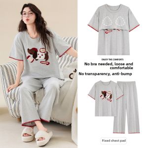 Cotton Padded Short-sleeve Long-pants Cartoon Plus Size Wearable Out Home Suit