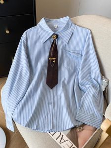 New Korean Style Versatile Retro Fashion Design Loose Slimming Vertical Stripes Tie College Style Womens Shirt Casual Simple