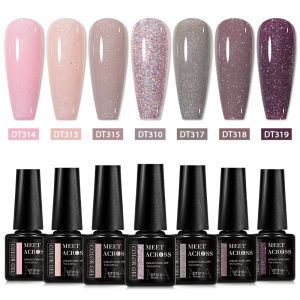 พบกับข้าม 7 ชิ้น Glitter เจลเล็บชุด Nude สีชมพูสะท้อนแสง Soak Off UV Gel ชุดเคลือบเงาเล็บอุปกรณ์เล็บ DIY Design