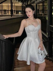 Elegant Pure Desire Fairy Design Lace Patchwork Shell Shape Slimming Puffy Strapless Dress V-neck High Waist Short Skirt
