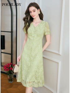 POEMLADY | Green V-Neck Short Sleeve Lace Summer Dress